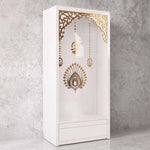 Close-up of Vedika Premium White Pooja Mandir with Om & Peacock Motif, highlighting peacock motif and decorative jali arch.