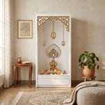Additional view of Vedika Premium White Pooja Mandir with Om & Peacock Motif, showing lower Drawer in a modern home setting.