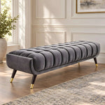 Velluto Grey Upholstered Bench product photo showing channel tufting and plush upholstery in a clean studio setting.