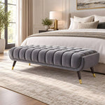 Alternate product view of Velluto Grey Upholstered Bench, featuring channel tufting, plush upholstery, and rounded edges.