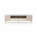 Vendrilosa White Marble Top TV Unit combines angled gold-tone legs with dark glass centre doors against a white backdrop.