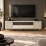 Vendrilosa White Marble Top TV Unit in a sunlit living room, featuring dark glass centre doors and angled gold-tone legs.