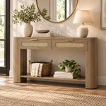 Vevolina Wooden Console Table product photo showing two cane-front drawers and open lower shelf in a clean studio setting.