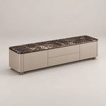 Vicindola Marble Top TV Unit against a grey backdrop: short recessed feet, a dark marble top and taupe cupboard fronts.