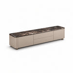 Vicindola Marble Top TV Unit, detailed with short recessed feet and taupe cupboard fronts against a white backdrop.
