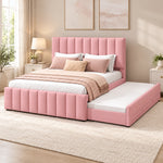 Werlisori Pink Kids Trundle Bed brings together coordinated upholstery and wide padded channels beside a bedroom window.
