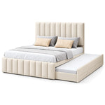 Werlisori Cream Kids Trundle Bed, with wide padded channels and a tall panelled headboard against a white backdrop.
