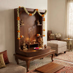 Further product view of Aranya Premium Wooden Finish Home Pooja Mandir, featuring engineered Wood in a modern home setting.