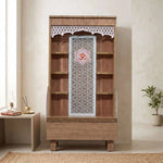 Anvaya Premium Wooden Finish Pooja Mandir with Om Panel featuring spacious Lower Drawer in a clear product photograph.