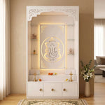 Aarohi Premium Finish Pooja Mandir with Ganesha Panel product view showing illuminated Back Panel in a modern home setting.