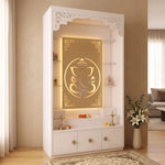 Close-up of Aarohi Premium Finish Pooja Mandir with Ganesha Panel, highlighting glass Shelves in a balanced home interior.
