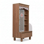Close-up of Anvaya Premium Wooden Finish Pooja Mandir with Om Panel, highlighting traditional Jali Arch with Om Motif.