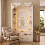Additional view of Aarohi Premium Finish Pooja Mandir with Ganesha Panel, showing glass Shelves in a modern home setting.