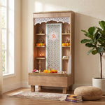 Alternate angle of Anvaya Premium Wooden Finish Pooja Mandir with Om Panel, showing engineered Wood in a modern home setting.