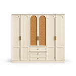 Wratinora 6 Door Wooden Wardrobe with Drawers: a broad six-door front, central cane panels and three lower drawers.
