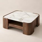 Yulmeno White Marble Coffee Table product photo showing curved wood-finished side panels in a clean studio setting.