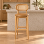 Zelendora Cane Back Wooden Bar Stool product photo showing woven cane backrest and padded seat in a clean studio setting.