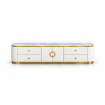 Zondinora White Marble Top TV Unit, showing circular gold-tone handles and rounded fluted ends against a white backdrop.