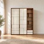 Zushmira 6 Door Wardrobe with Side Shelves against a bedroom wall, featuring contrasting panel seams and two base drawers.