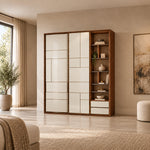 Zushmira 6 Door Wardrobe with Side Shelves featuring a wood-look frame alongside two base drawers in a furnished bedroom.