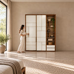 Zushmira 6 Door Wardrobe with Side Shelves beside a woman reaching toward the door; two base drawers and a wood-look frame.