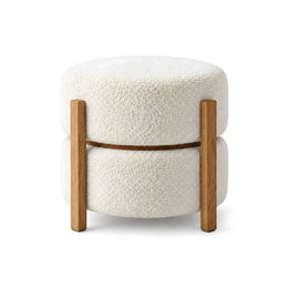 Alternate view of Milosara Cream Round Pouf, showing two upholstered cylindrical sections and exposed central wood band.