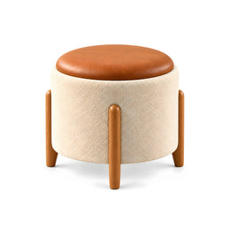 Alternate view of Tessota Beige Round Pouf, showing tan leather-look padded top for a closer look at the product design.