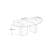 Arvizta Marble Top 6-Seater Dining Table dimension guide showing 180 L x 95 W x 75 H cm for dining room layout planning.