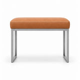Bencivola Pedicure Footrest, its caramel tan leather top set above rectangular metal end supports with a slim metal frame.