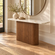 Close-up of Concolira Marble Console Table, highlighting marble Top with Engineered Wood for a modern entryway interior.