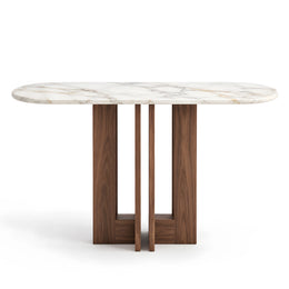 Alternate view of Elsigmita Marble Console Table, showing oval top and intersecting panel base in a modern home setting.