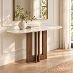 Elsigmita Marble Console Table product view showing intersecting panel base in a clean, contemporary entryway setting.