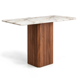 Alternate view of Gionilora Marble Console Table, showing veined top and paneled pedestal base in a modern home setting.