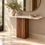 Gionilora Marble Console Table product photo showing veined top and paneled pedestal base in a clean studio setting.