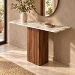 Gionilora Marble Console Table product view showing paneled pedestal base in a clean, contemporary entryway setting.