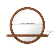 Dimensions for Halo Shelf Wall Mirror with Display Shelf: 90 cm Diameter, supporting accurate home office layout planning.