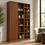 Kokovera bookshelf close-up highlighting its brown finish, mixed-size compartments, and vertical fluting on the cabinet.