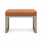 Lupendri Pedicure Footrest pairs a caramel tan leather top with a taupe metal frame and square-profile metal supports.
