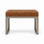 Tan brown leather upholstery tops the Lupendri Pedicure Footrest, above open sled-style legs and a taupe metal frame.