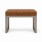 Tan brown leather upholstery tops the Lupendri Pedicure Footrest, above open sled-style legs and a taupe metal frame.