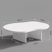 Cloud Curve Solid Surface Gold Coffee Table with a smooth, curved white top and solid base, detailed with precise dimensions for modern living spaces.