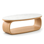 Alternate view of Ovichiko White Marble Coffee Table, showing oval top in a clean, contemporary living room setting.