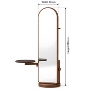 Pivot Arch Floor Mirror with Rotating Side Table dimension guide showing 50 W x 200 H cm for living room layout planning.