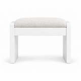 Ivory white fabric upholstery tops the Selandiso Pedicure Footrest, above a broad white apron and slab-style white legs.