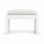 Ivory white fabric upholstery tops the Selandiso Pedicure Footrest, above a broad white apron and slab-style white legs.