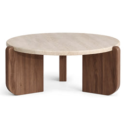 Alternate view of Ablora Travertine Round Coffee Table, showing round travertine top for a modern living room interior.