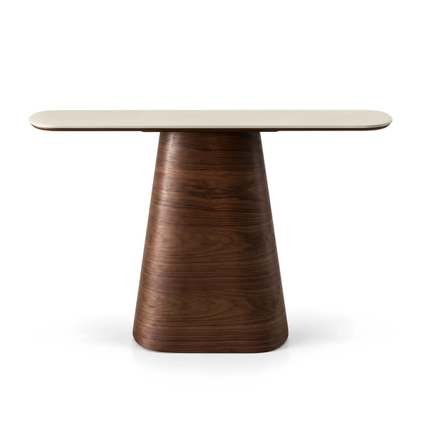 Alternate view of Alosira Wooden Console Table, showing rounded tabletop and pedestal base for a modern entryway interior.