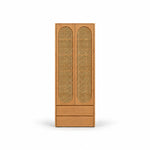 Alvarario 2 Door Wooden Cane Wardrobe with Drawer, detailed with two tall cane-panel doors against a white backdrop.