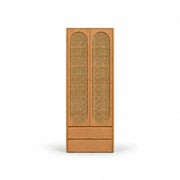 Alvarario 2 Door Wooden Cane Wardrobe with Drawer, detailed with two tall cane-panel doors against a white backdrop.