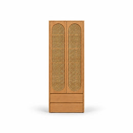 Alvarario 2 Door Wooden Cane Wardrobe with Drawer, detailed with two tall cane-panel doors against a white backdrop.